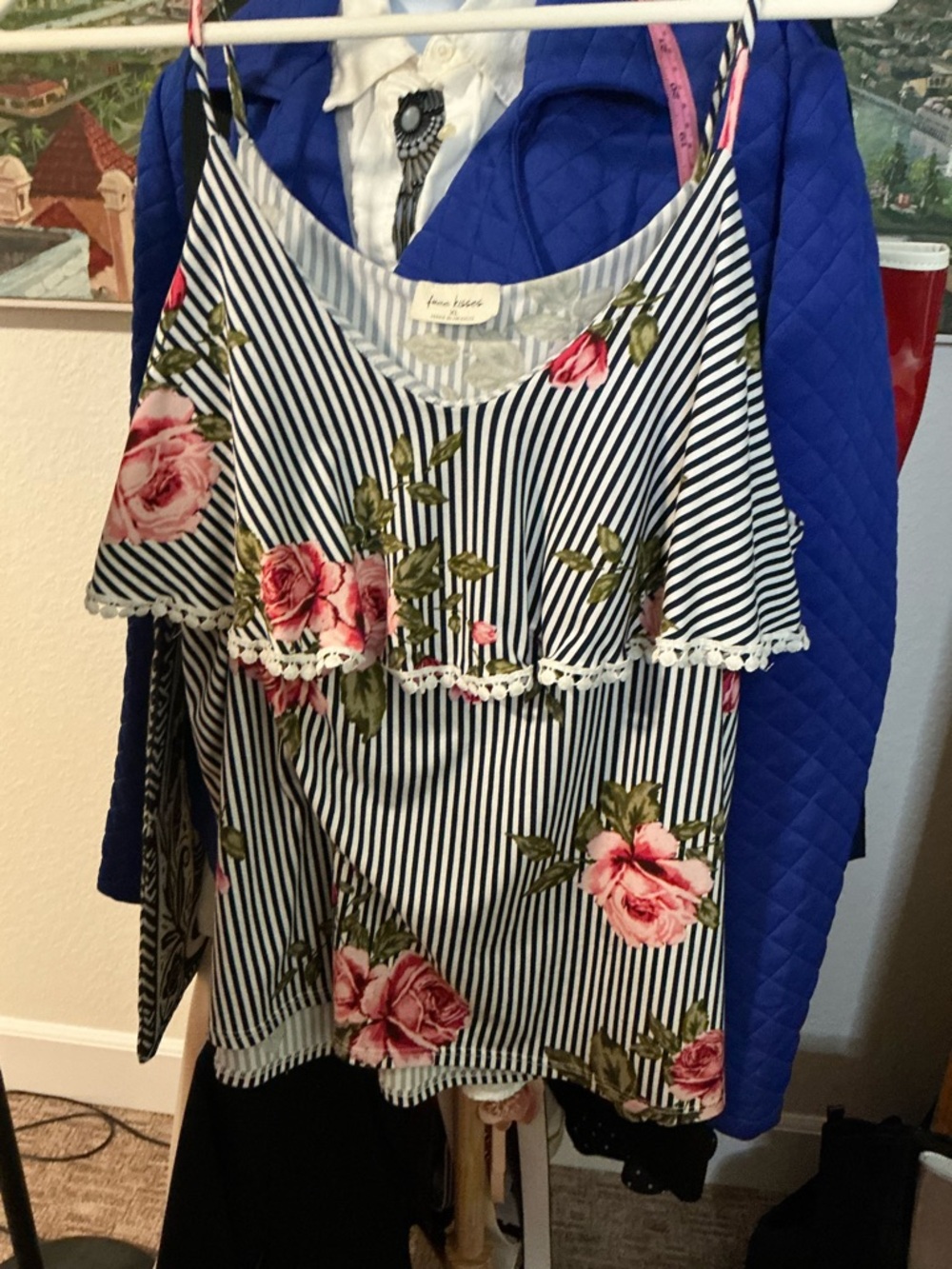 Free Kisses Navy & White Striped Floral Ruffle Cold-Shoulder Camisole